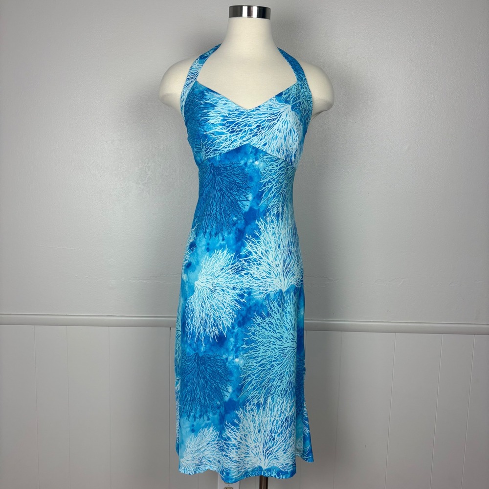 Hilo Hattie Halter Sundress Size S Vintage Turquoise Coral Print Midi Hawaii